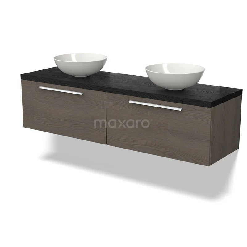 Wooden bathroom unit with two white worktops, black metal handles, ideal for modern bathroom design.