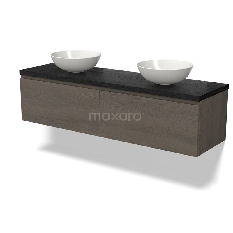 Wooden bathroom unit with dark worktop and double white countertop wash basins, modern wall design for stylish bathroom design.