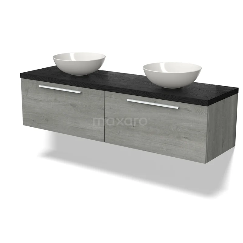 Grey floating bathroom cabinet with black top and two white basin bowls, modern design and durable materials.