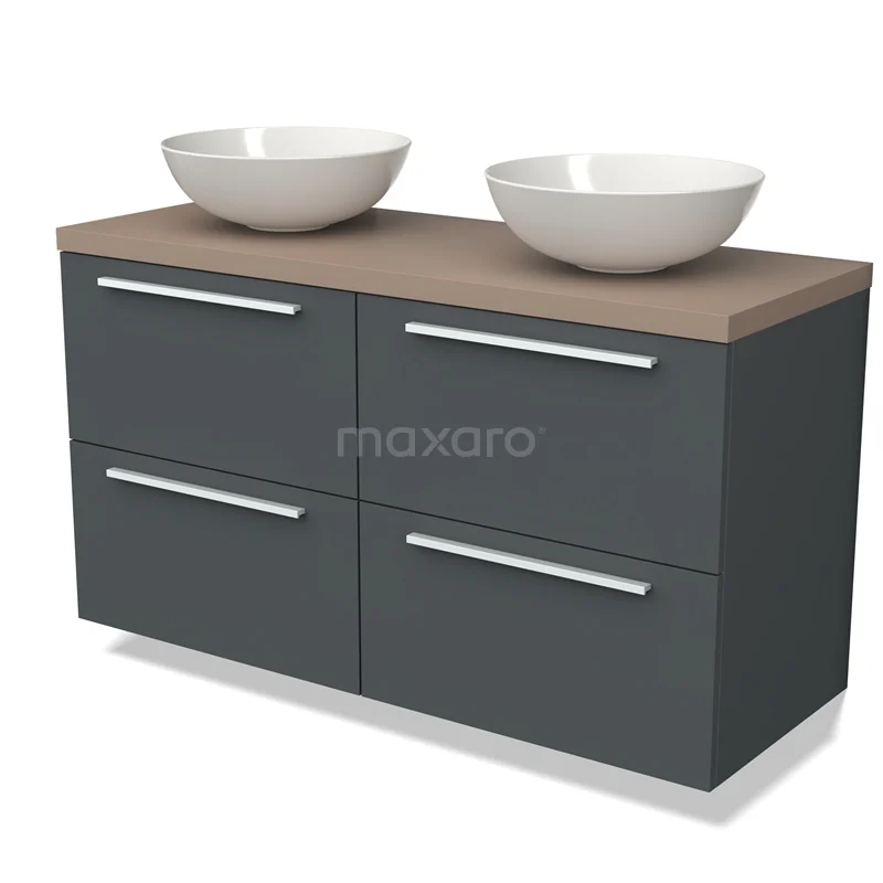 Bathroom unit grey with double white countertop wash basin and wooden worktop, modern design with four drawers for extra storage space.
