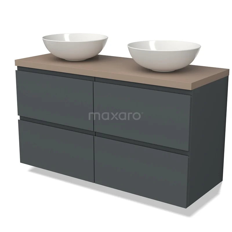 Grey bathroom furniture set with wooden worktop and two white countertop wash basins, modern design and suitable for double basin.