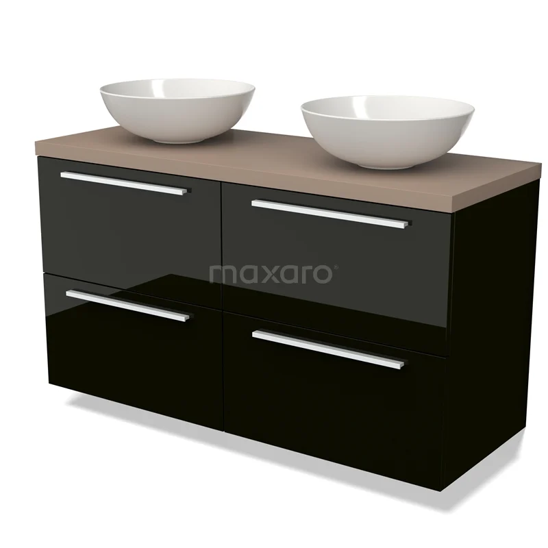 Black glossy bathroom unit with wood-look worktop and two white ceramic vanity units for countertop wash basins, modern design for stylish bathrooms.
