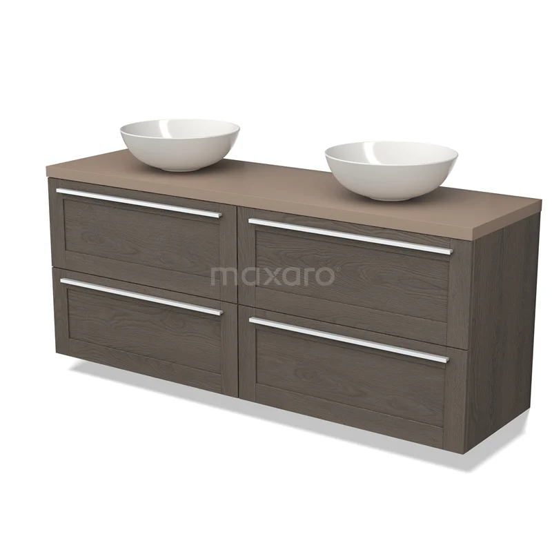 Bruin eikenhouten badkamermeubel met 4 lades en 2 witte waskommen, modern design voor stijlvolle badkamers.