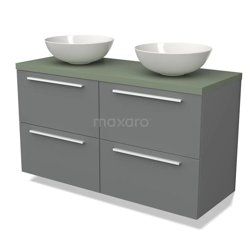Waschtischunterschrank mit Konsole BMK18-01675 Grauer Badschrank mit grüner Platte und zwei weißen Aufsatzwaschbecken, modernes Design mit schlanken Schubladen und chromfarbigen Haltegriffen.