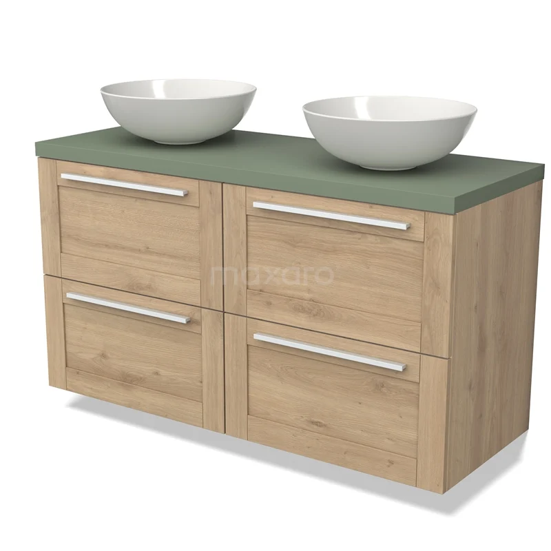 Wooden bathroom unit with green Basin worktop and two white basins, modern design, ideal for a stylish bathroom.