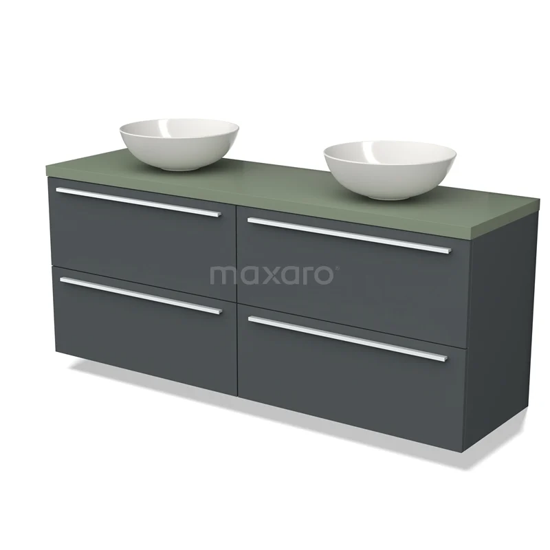 Dark grey bathroom furniture set with double basin, green glass worktop and sleek design, ideal for modern bathrooms.