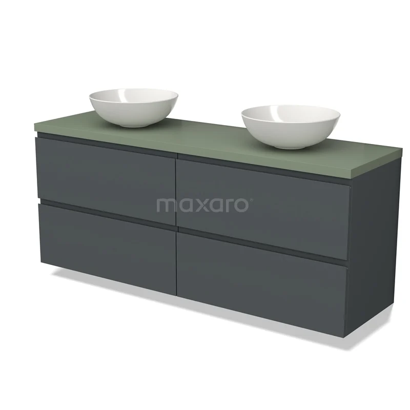 Dark grey bathroom unit with four drawers, green top and two white surface-mounted countertop wash basins, modern design.