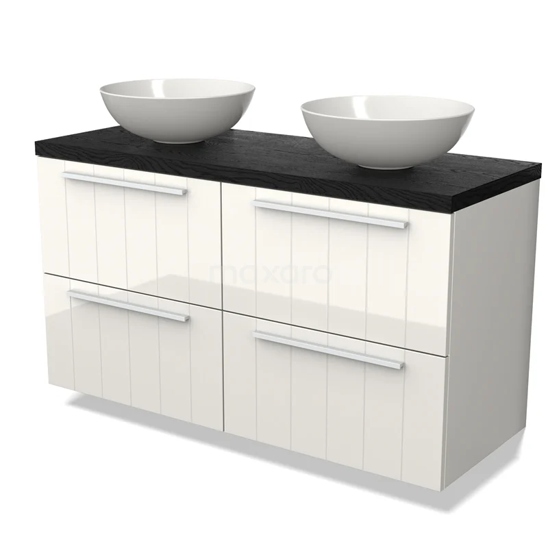 White bathroom unit with wood-look top, double basins and four drawers, ideal for a modern bathroom design.