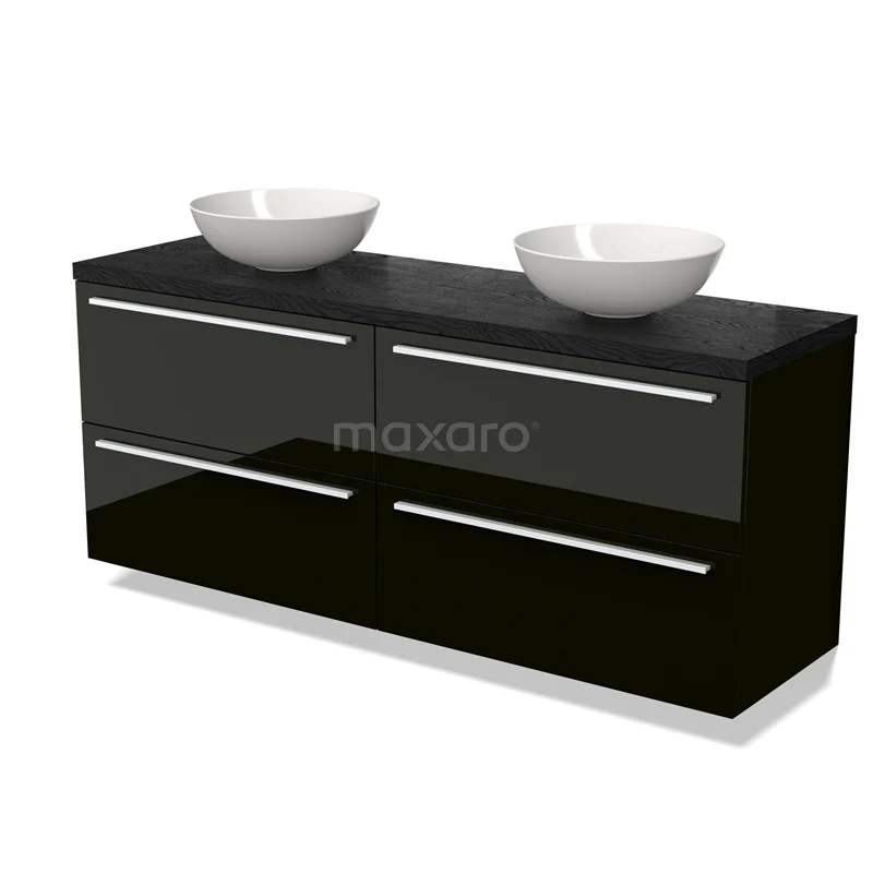 Modulo Plato Vanity units for countertop basin | 160 cm High-gloss black Flat front Black oak worktop 4 drawers BMK18-01781