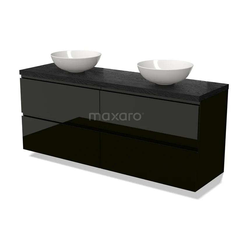 Modulo Plato Vanity units for countertop basin | 160 cm High-gloss black Handle-less front Black oak worktop 4 drawers BMK18-01782