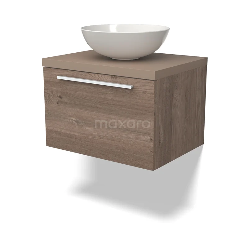 Modulo Plato Vanity units for countertop basin | 60 cm Mid brown oak Flat front Taupe worktop 1 drawer BMK11-02392