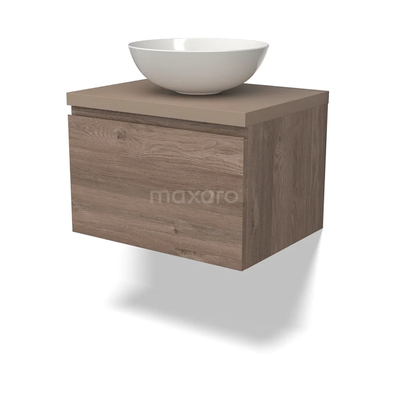 Modulo Plato Vanity units for countertop basin | 60 cm Mid brown oak Handle-less front Taupe worktop 1 drawer BMK11-02394