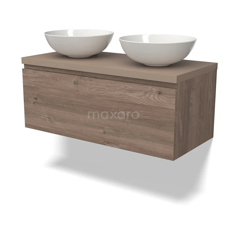 Waschtischunterschrank mit Konsole BMK11-02458 Hölzernes Badezimmermöbel mit zwei weißen Aufsatzwaschbecken, modernes schwebendes Design aus Eiche. Perfekt für stilvolle Bäder.