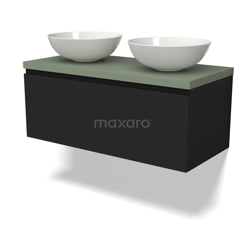 Waschtischunterschrank mit Konsole BMK11-02564 Schwarzer Badschrank mit grüner Platte und zwei weißen Aufsatzwaschbecken, modernes Design für ein stilvolles Badezimmer.