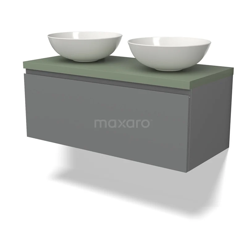 Waschtischunterschrank mit Konsole BMK11-02566 Graue schwebende Badmöbelset mit grünem Platte und zwei runden weißen Aufsatzwaschbecken, modernes Design.