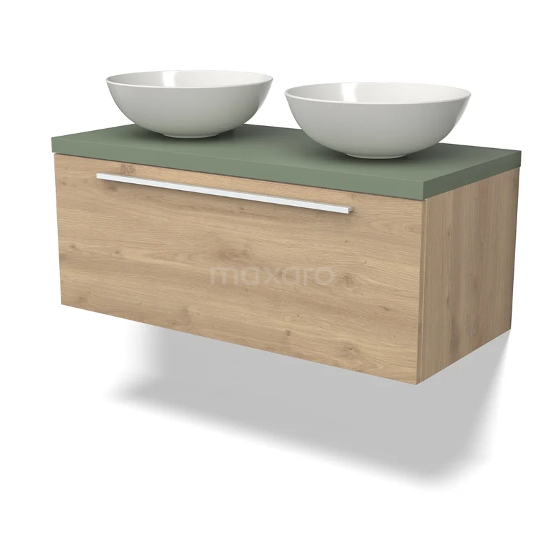 Waschtischunterschrank mit Konsole BMK11-02581 Holz Badezimmermöbel mit grün Platte und weißen Aufsatzwaschbecken, modernes Design, ideal für ein stilvolles und praktisches Badezimmer.