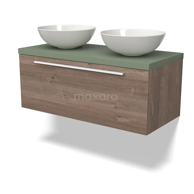 Waschtischunterschrank mit Konsole BMK11-02584 Holz Badezimmermöbel mit grüner Oberseite, zwei weißen Aufsatzwaschbecken und einem verchromten Haltegriff, modernes Design für jedes Badezimmer.