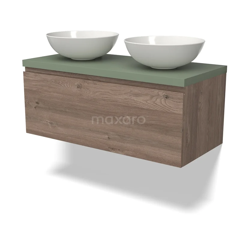 Houten badkamermeubel met groene wastafelblad en dubbele witte waskommen, modern design voor stijlvolle badkamers.