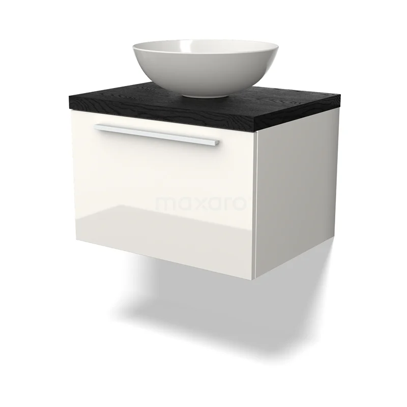 Modulo Plato Vanity units for countertop basin | 60 cm High-gloss white Flat front Black oak worktop 1 drawer BMK11-02631