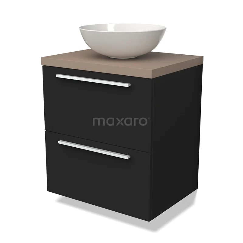 Zwarte badkamermeubelset met mat zwart kast, houten blad en witte ronde waskom, modern en stijlvol voor iedere badkamer.