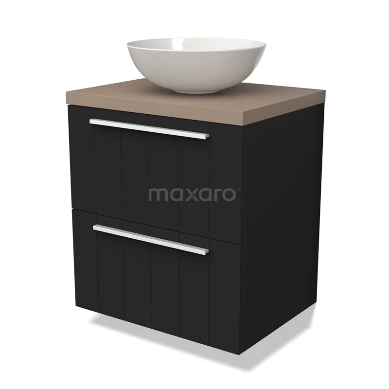 Zwart badkamermeubel met houtlook blad, witte ronde waskom en zilveren grepen, modern design.