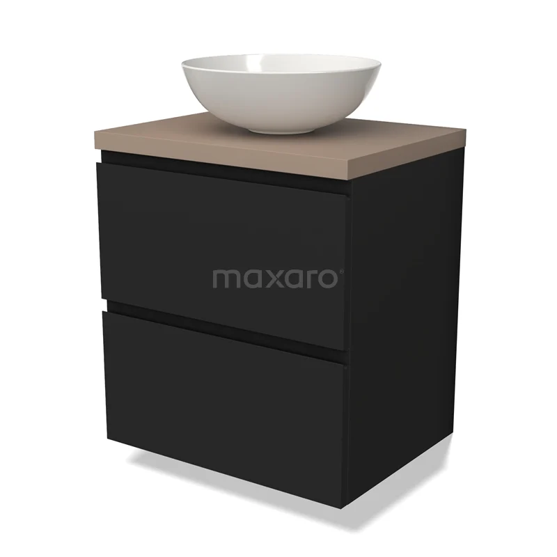 Waschtischunterschrank mit Konsole BMK17-02383 Schwarzes hängendes Badezimmermöbel mit Holzplatte und runder weißer Waschbecken, modernes Design aus der Premium Badezimmerkollektion.