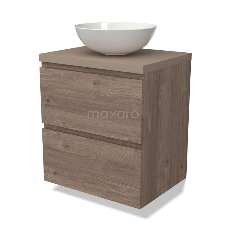 Houten badkamermeubel met twee lades en een witte, ronde wastafel; modern design, ideaal voor compacte badkamers.