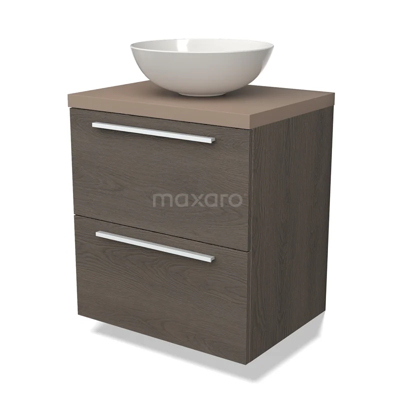 Modulo Plato Badmöbel mit Aufsatzwaschbecken | 60 cm Dunkelbraune Eiche Flach front Taupe blatt 2 übereinanderliegende Schubladen BMK17-02406 Holz Badezimmermöbel mit zwei Schubladen, einem weißen keramischen Aufsatzwaschbecken oben, ideal für moderne Badezimmer.