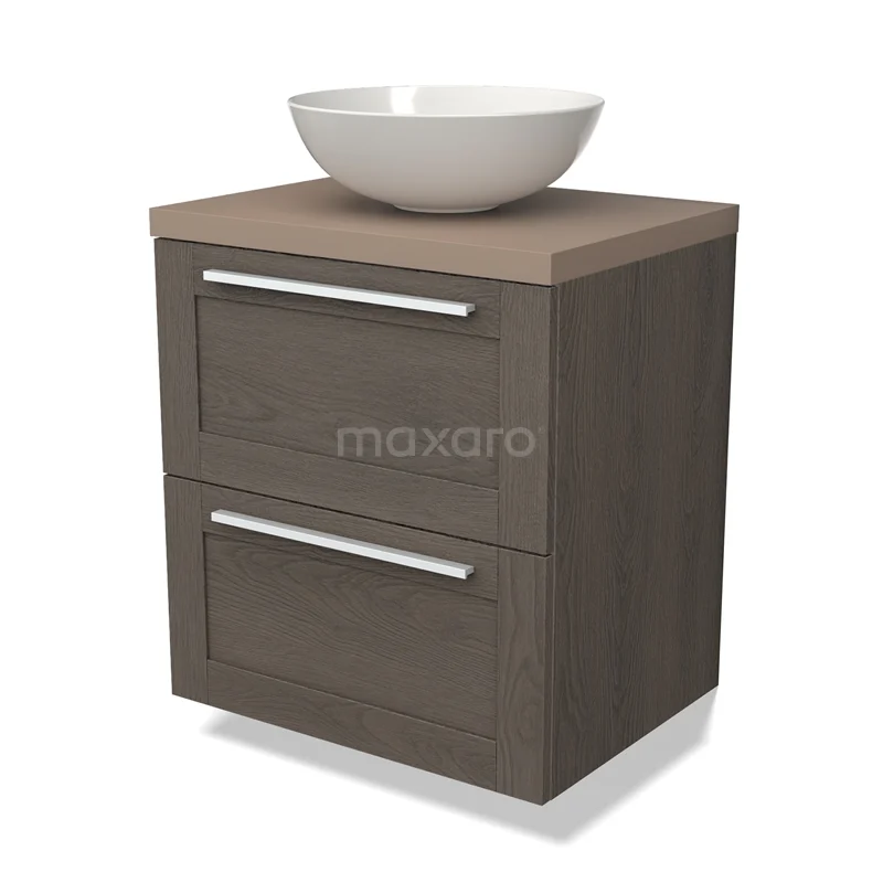 Modulo Plato Badmöbel mit Aufsatzwaschbecken | 60 cm Dunkelbraune Eiche Rahmen front Taupe blatt 2 übereinanderliegende Schubladen BMK17-02407 Holz Badezimmermöbel mit dunkler Holzmaserung, zwei Schubladen und weißem Aufsatzwaschbecken, perfekt für moderne Bäder.