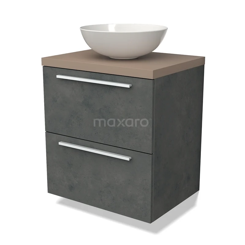 Waschtischunterschrank mit Konsole BMK17-02412 Grau Badmöbel mit 2 Schubladen, Holzlook Platte und weißem rundes Waschbecken. Modernes Design und geeignet für kompakte Bäder.