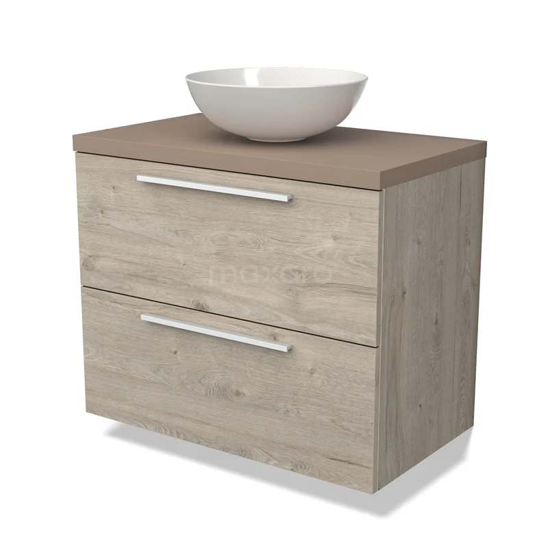 Houten badkamermeubel met twee lades, beige houtlook, keramische waskom, ideaal voor een moderne badkamerinrichting.