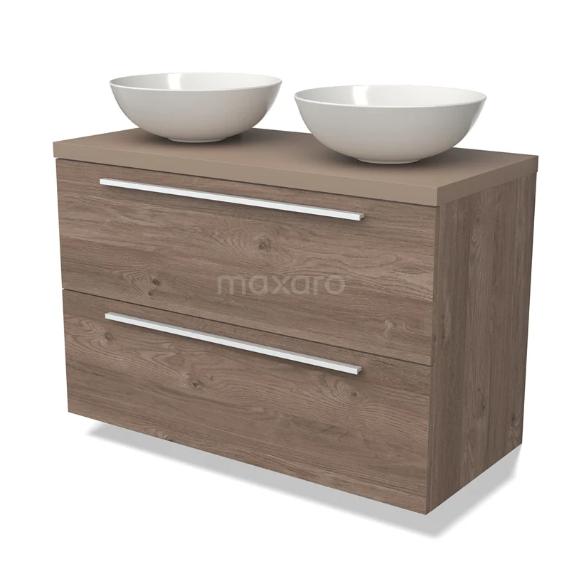 Houten badkamermeubel met twee witte waskommen, modern design, natuurlijk houtpatroon en ruime opberglades.