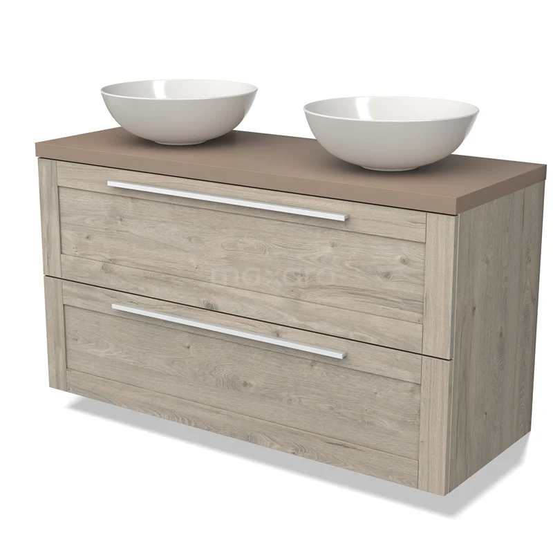 Modulo Plato Vanity units for countertop basin | 120 cm Light grey oak Frame front Taupe worktop 2 Stacked drawers BMK17-02495