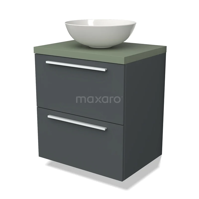 Donkergrijze badkamerkast met twee lades, groene wastafelblad en ronde witte opzetwastafel, modern design.
