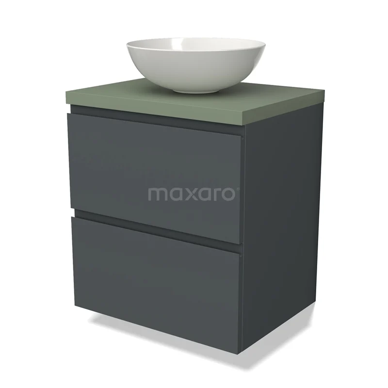 Donkergrijze badkamermeubel met twee lades, olijfgroen blad en witte ronde waskom, modern design voor stijlvolle badkamers.