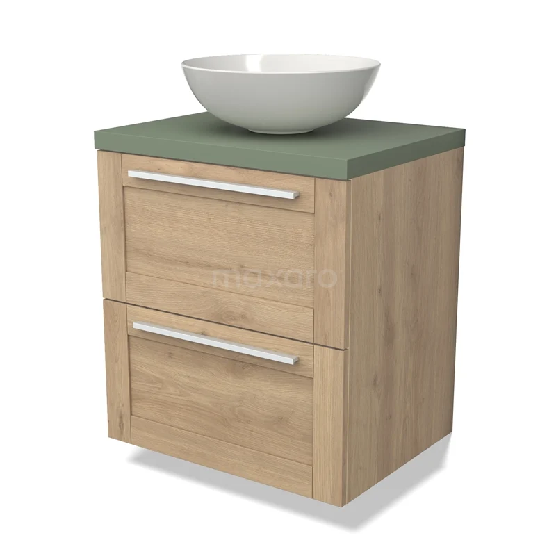 Modulo Plato Vanity units for countertop basin | 60 cm Light brown oak Bordered front Sage green worktop 2 Stacked drawers BMK17-02529 Oak bathroom unit with green top and built-in countertop wash basin, stylish storage drawers for a modern bathroom.