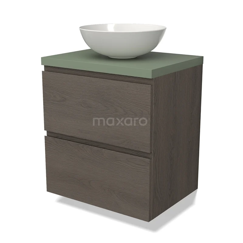 Modulo Plato Vanity units for countertop basin | 60 cm Dark brown oak Handle-less front Sage green worktop 2 Stacked drawers BMK17-02536