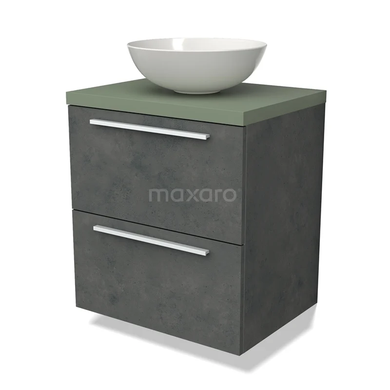 Modulo Plato Vanity units for countertop basin | 60 cm Dark grey concrete Flat front Sage green worktop 2 Stacked drawers BMK17-02540