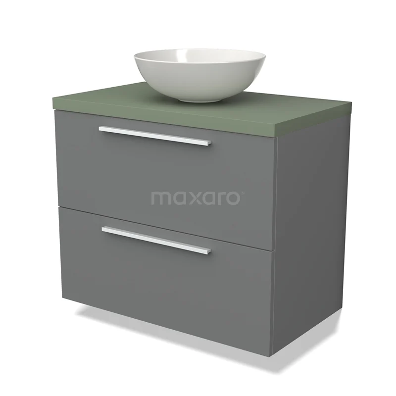 Grijze badkamermeubelset met groene bovenkant en witte komvormige wasbak, modern design met twee lades.