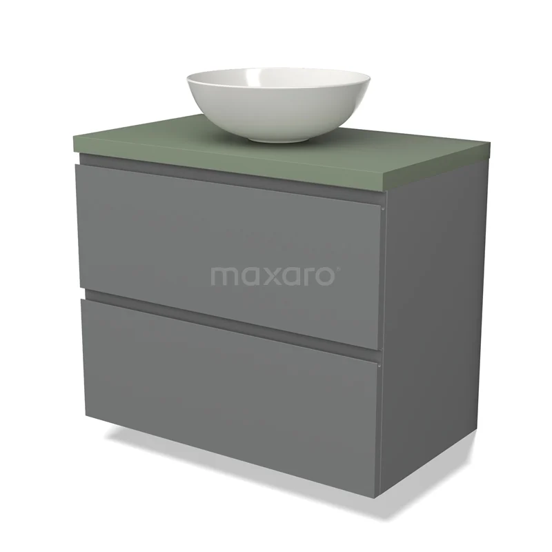 Grijze badkamermeubel met twee lades, groen blad en een ronde witte waskom, modern ontwerp.