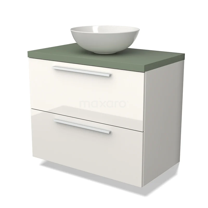 Witte badkamermeubel met groene bovenblad en ronde wastafel, modern ontwerp, ideaal voor compacte badkamers.