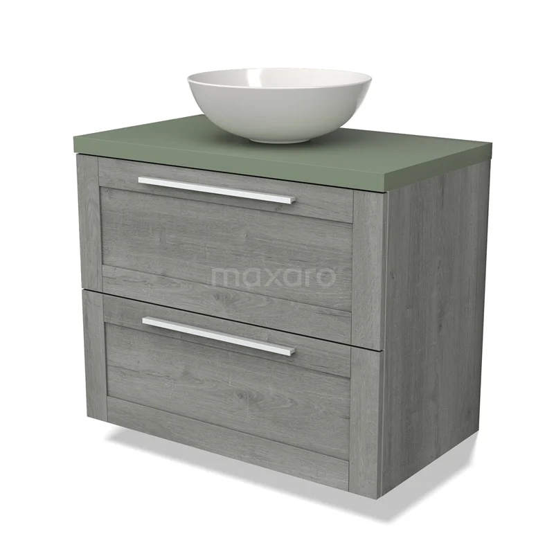 Grijze houten badkamerkast met lade, groene top en witte waskom, ideaal voor stijlvolle en functionele badkamerinrichting.