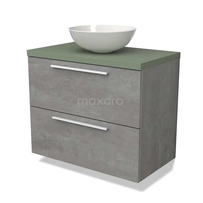 Grijze badkamerkast met betonlook, twee lades, groen blad en witte waskom; moderne stijl voor elke badkamer.
