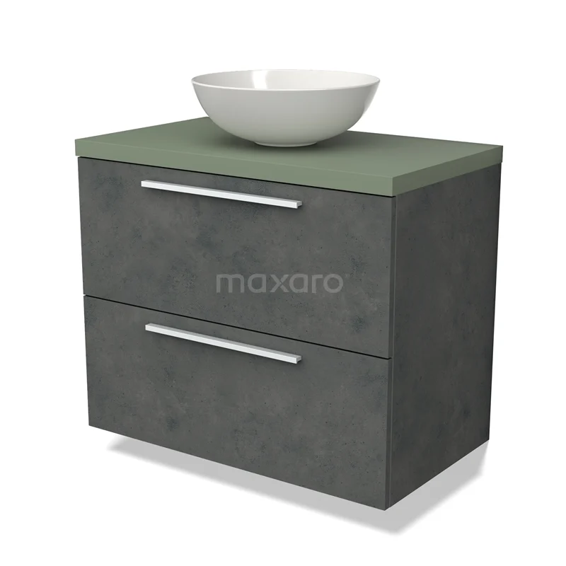 Antraciet badkamermeubel met twee lades, groene betonnen blad en ronde witte wastafel; stijlvol en modern design.