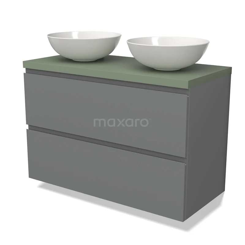 Grijze badkamermeubelset met matgroen blad, twee ronde wastafels en strakke lades, modern en functioneel design.