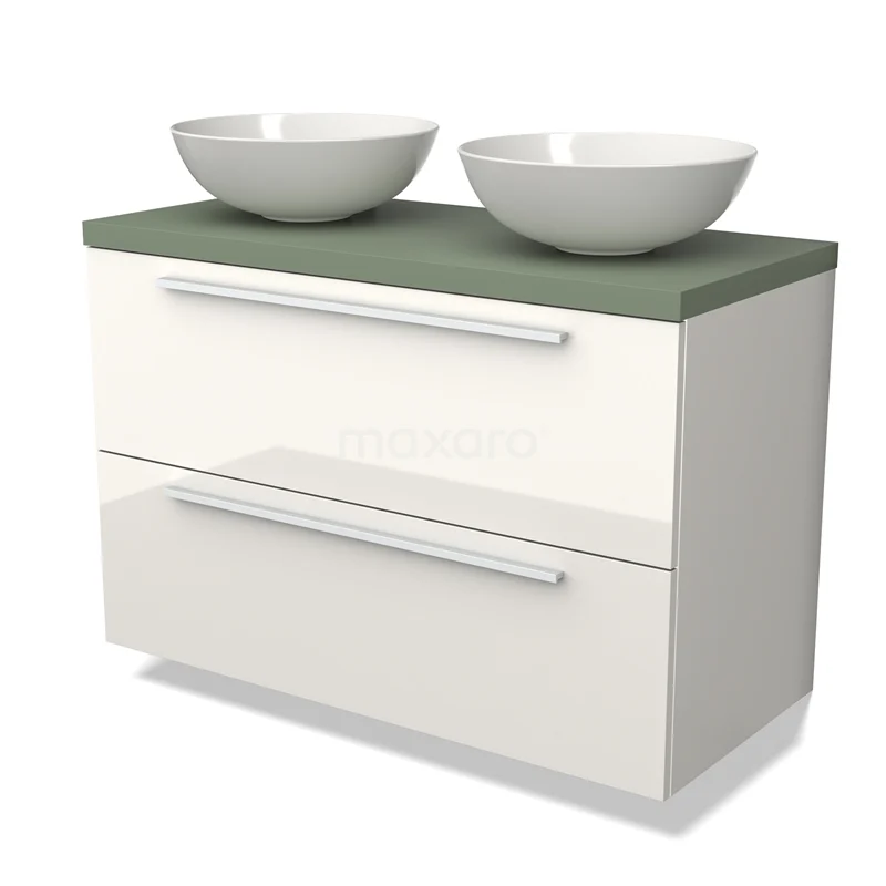 Wit badkamermeubel met twee ronde waskommen, groene blad, brede lades en strak design, perfect voor moderne badkamers.