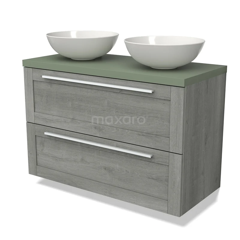 Grijze houten badkamermeubel met twee lades, groen blad en witte waskommen, ideaal voor een moderne badkamerstijl.