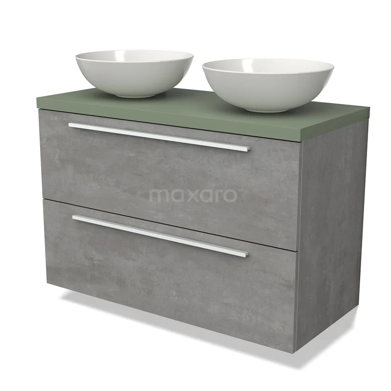 Grijze badkamermeubelset met twee witte waskommen, matgroen blad en moderne lades, perfect voor een strakke badkamerstijl.
