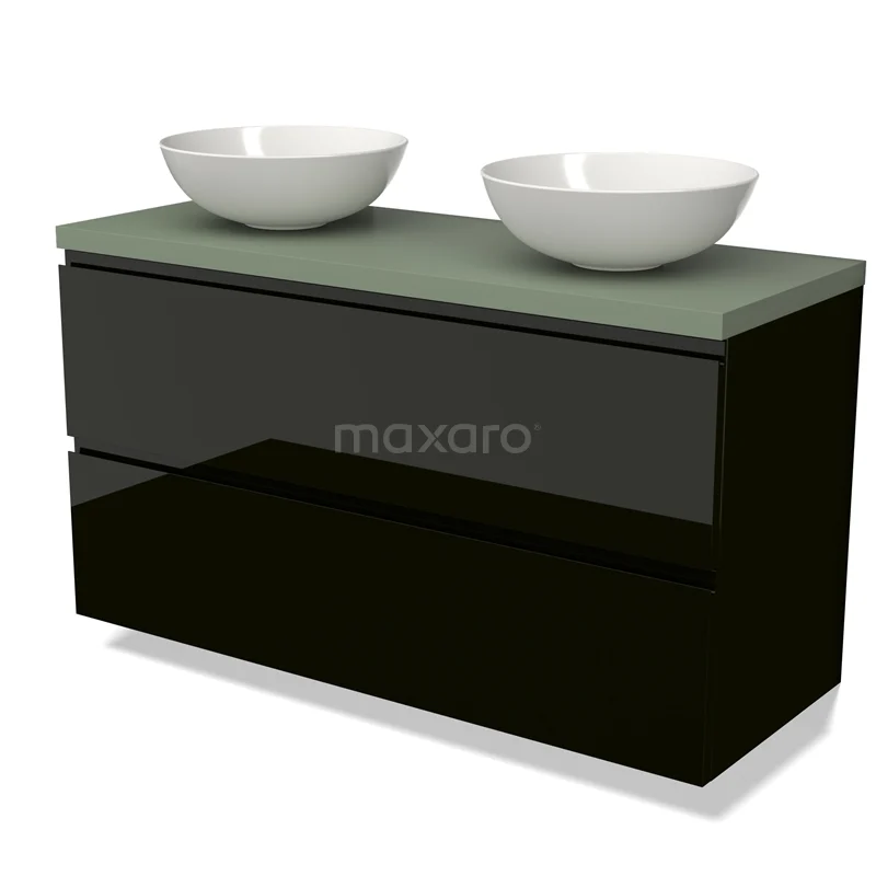 Black glossy bathroom unit with green glass vanity units with basin and double white basins, modern design.