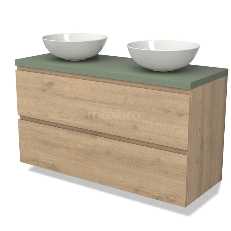 Houten badkamermeubel met groene bovenblad en dubbele witte waskommen, modern design geschikt voor elke badkamerstijl.